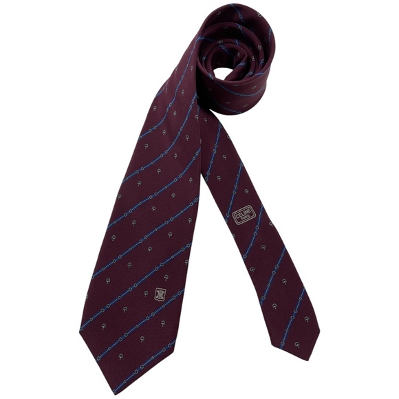 CELINE VINTAGE Burgundy Striped Equestrian Logo Silk LUXURY Tie SPAIN - Picture 1 of 4